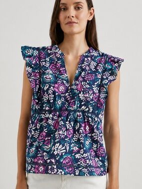 Rails Misha Top Woodblock Floral Flutter Sleeve V Neck Eyelet Size XS
